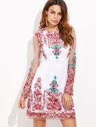 Shein White Sheer Sleeve Embroidered Mesh Overlay Dress