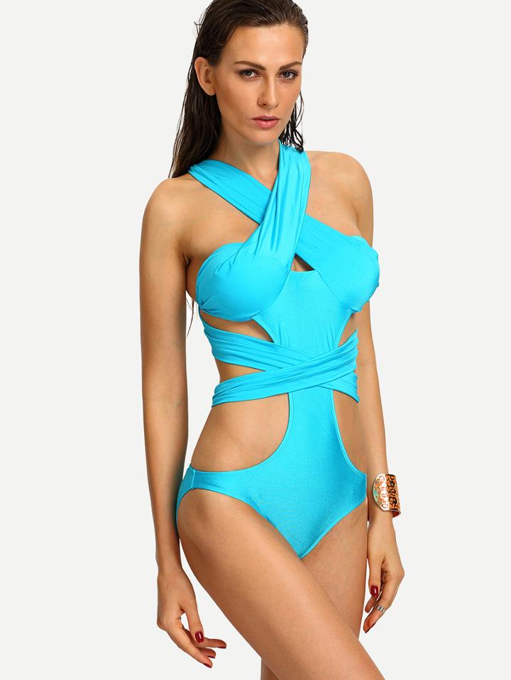 Shein Cross Wrap Cutout One-piece Swimwear - Sky Blue