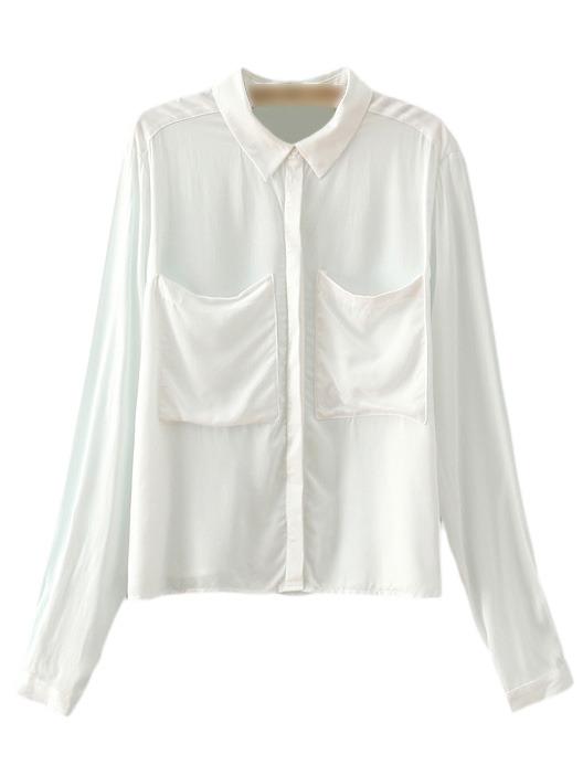 Shein White Long Sleeve Pockets Buttons Lapel Blouse