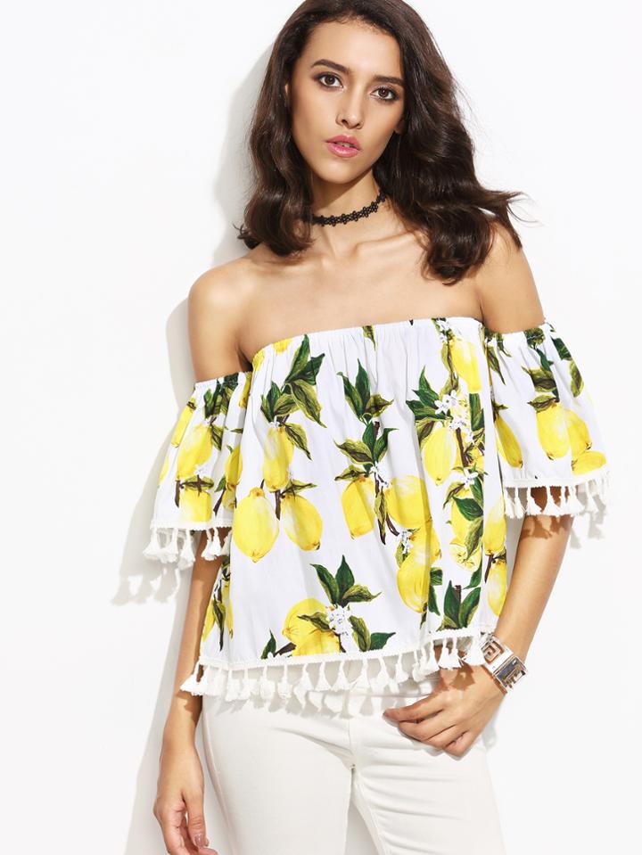 Shein White Lemon Print Off The Shoulder Tassel Trim Blouse