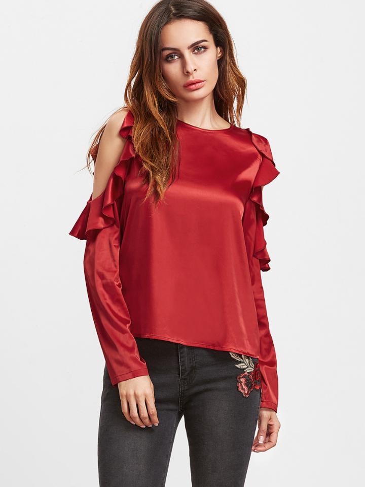 Shein Red Tie Back Ruffle Open Shoulder Top