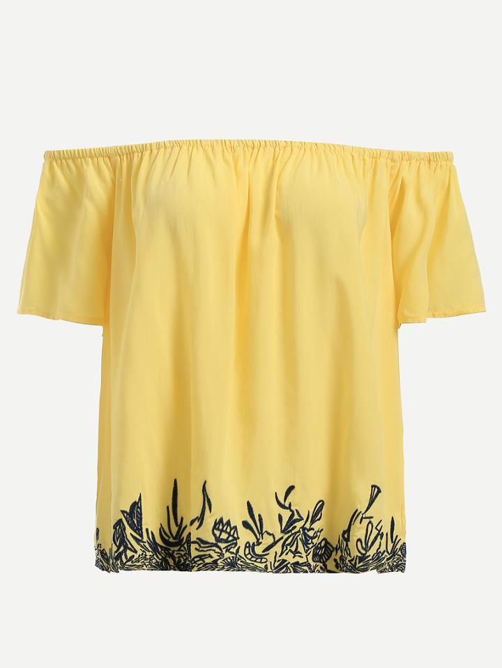 Shein Yellow Off The Shoulder Embroidered Top