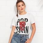 Shein Letter Print Sequin Popcorn T-shirt