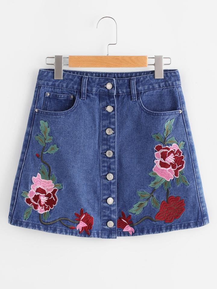 Shein Flower Embroidered Button Up Denim Skirt