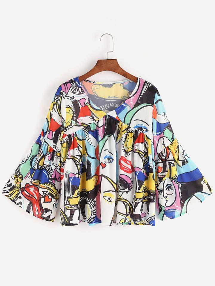 Shein Multicolor Graffiti Print V Neck Bell Sleeve Blouse