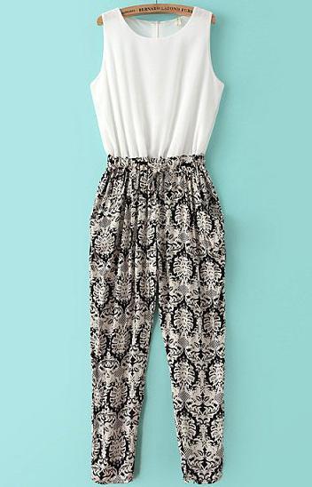 Shein White Black Sleeveless Vintage Floral Chiffon Jumpsuit