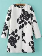Shein Black White Long Sleeve Floral Jacquard Coat