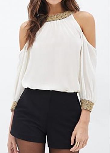 Rosewe White Chiffon Cold Shoulder Round Neck Blouse