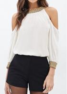 Rosewe White Chiffon Cold Shoulder Round Neck Blouse