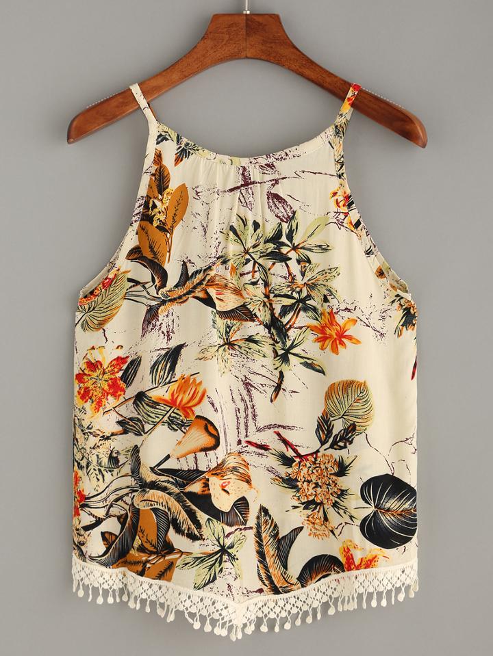 Shein Apricot Tropical Print Crochet Trimmed Cami Top