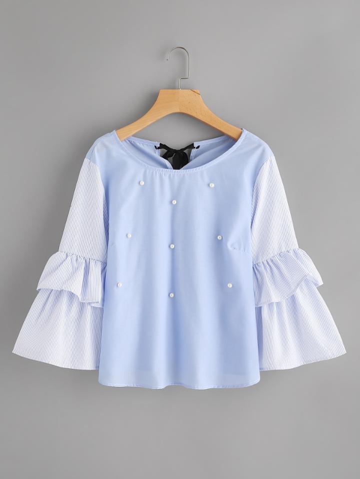 Shein Contrast Striped Frill Sleeve Tie Back Pearl Beading Blouse