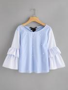 Shein Contrast Striped Frill Sleeve Tie Back Pearl Beading Blouse