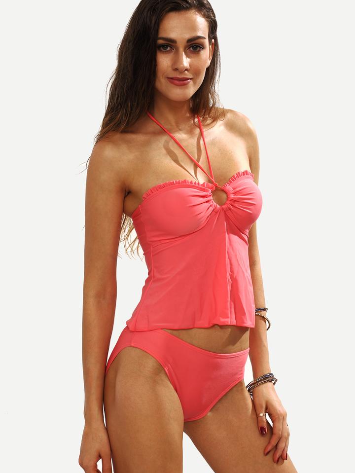 Shein Watermelon Red Halter Neck Ruffled Tankini Set