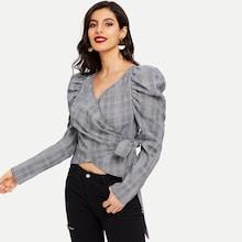 Shein Waist Knot Leg-of-mutton Sleeve Plaid Top