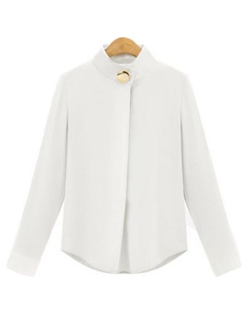 Shein Stand Collar Chiffon Single Button White Shirt