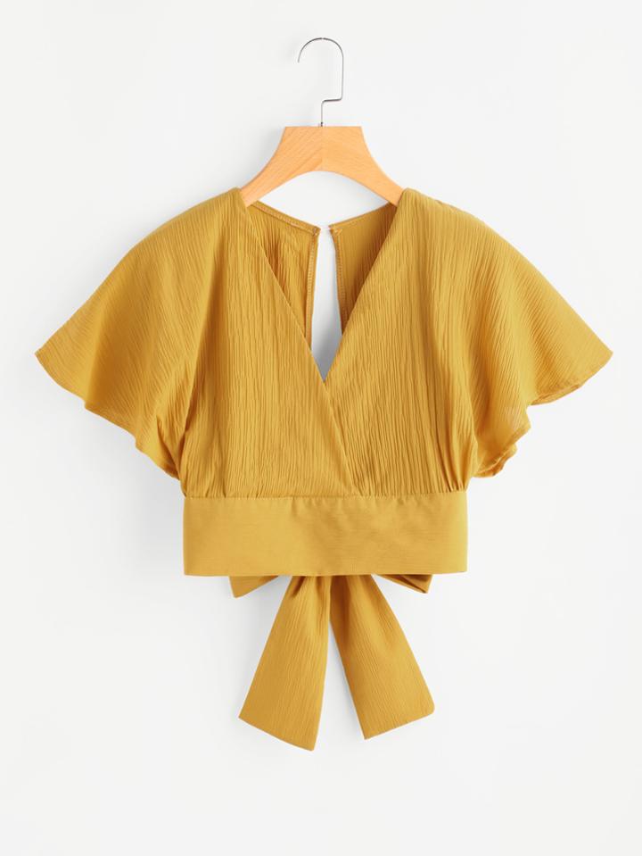 Shein Deep V-cut Keyhole Back Bow Tie Blouse