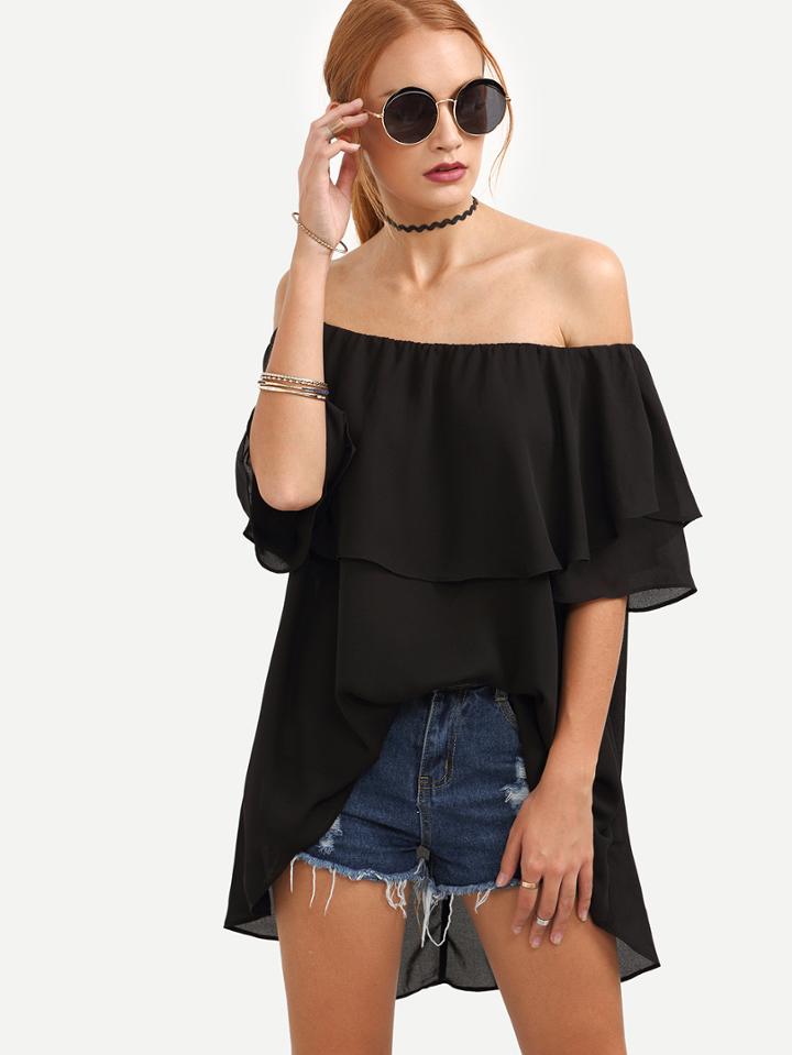 Shein Off The Shoulder Dip Hem Frill Blouse