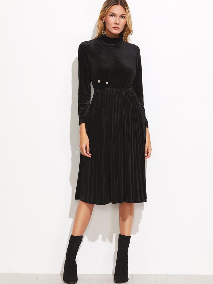 Shein Black High Neck Pleated Velvet Dress With Pearl Brooch