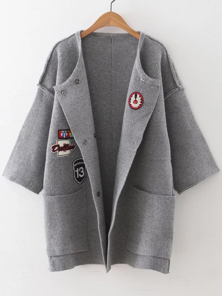 Shein Grey Patch Embroidery Drop Shoulder Side Slit Pocket Cardigan