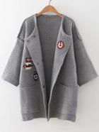 Shein Grey Patch Embroidery Drop Shoulder Side Slit Pocket Cardigan