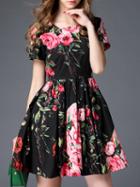 Shein Black Crew Neck Floral A-line Dress