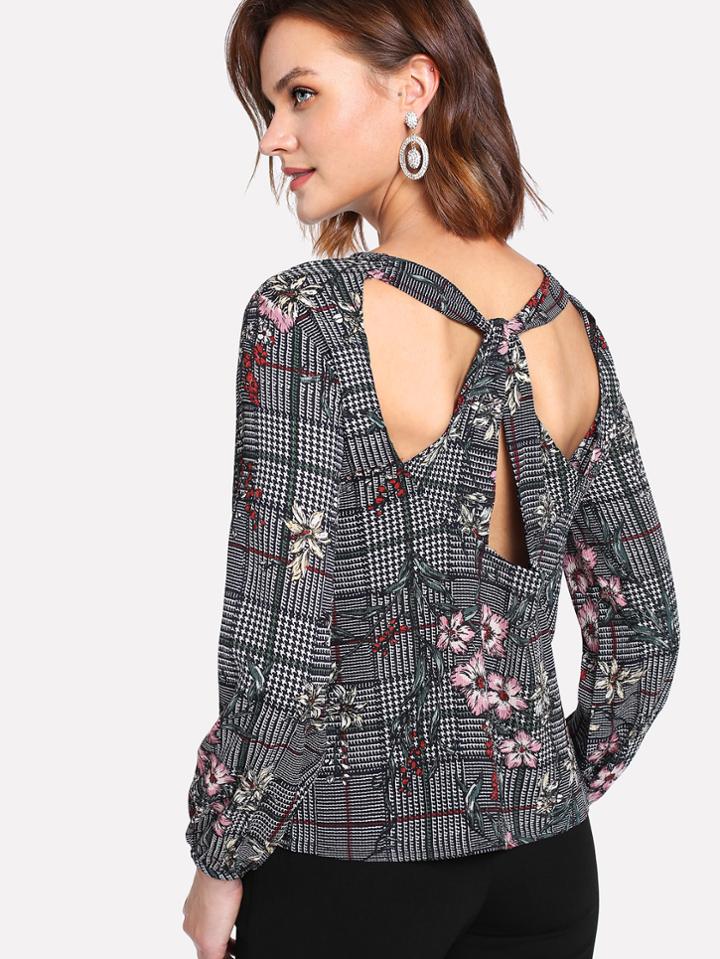 Shein Twist Back Plaid And Flower Print Top