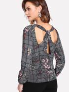 Shein Twist Back Plaid And Flower Print Top
