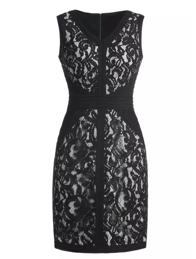 Shein Black V Neck Sleeveless Lace Slim Dress
