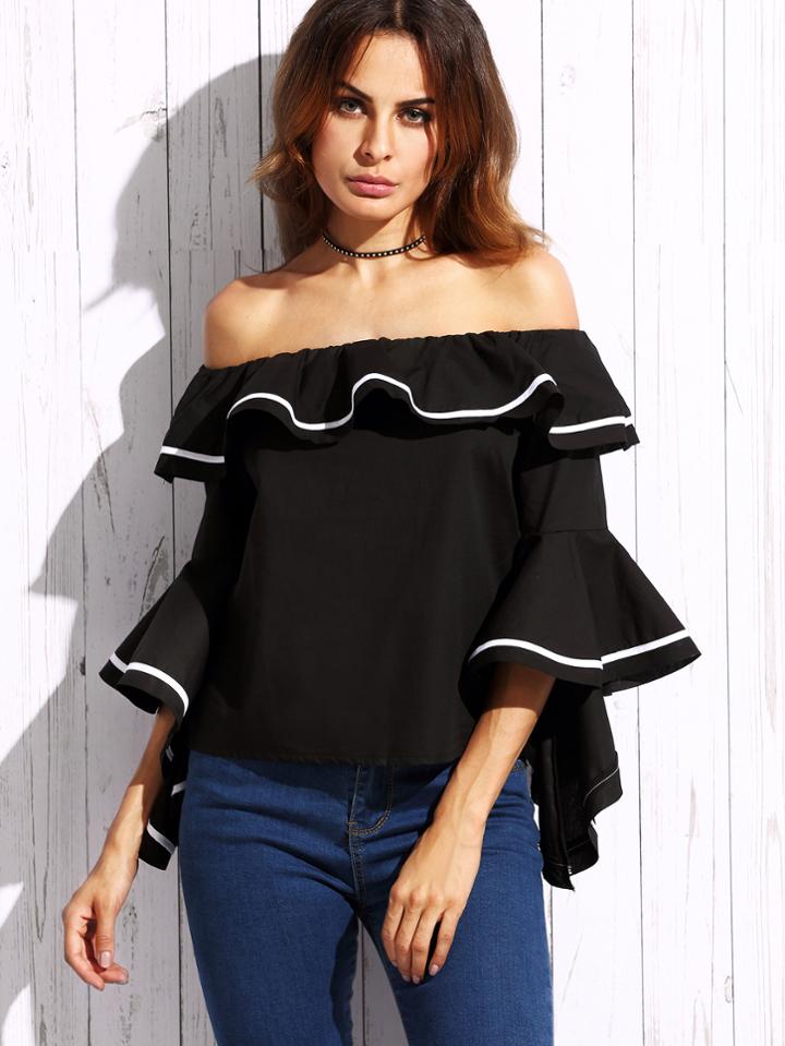 Shein Black Striped Trim Off The Shoulder Ruffle Top