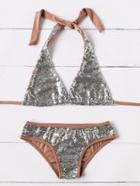 Shein Silver Contrast Trim Sequin Triangle Sexy Bikini Set