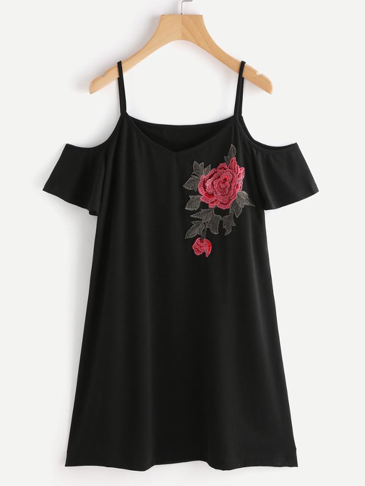 Shein 3d Embroidered Applique Cold Shoulder Dress
