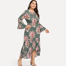 Shein Plus Tie Neck Bell Sleeve Floral Dress