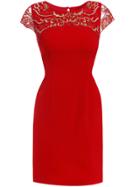 Shein Red Round Neck Short Sleeve Embroidered Dress