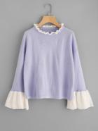 Shein Contrast Ruffle Neck And Bell Cuff Jumper