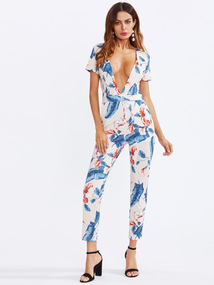 Shein Plunging V-neckline Floral Printed Random Jumpsuit