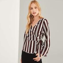 Shein Striped Print Belted Wrap Blouse