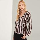 Shein Striped Print Belted Wrap Blouse