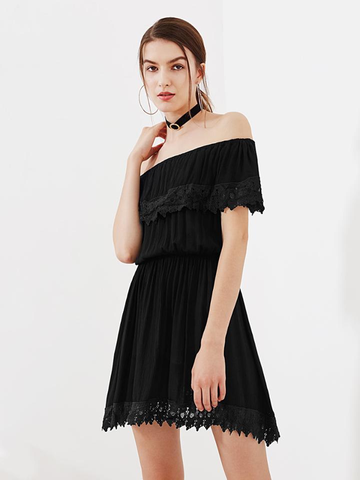 Shein Flounce Layered Neckline Crochet Trim Swing Dress