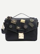 Shein Crocodile Embossed Charm Embellished Flap Bag - Black