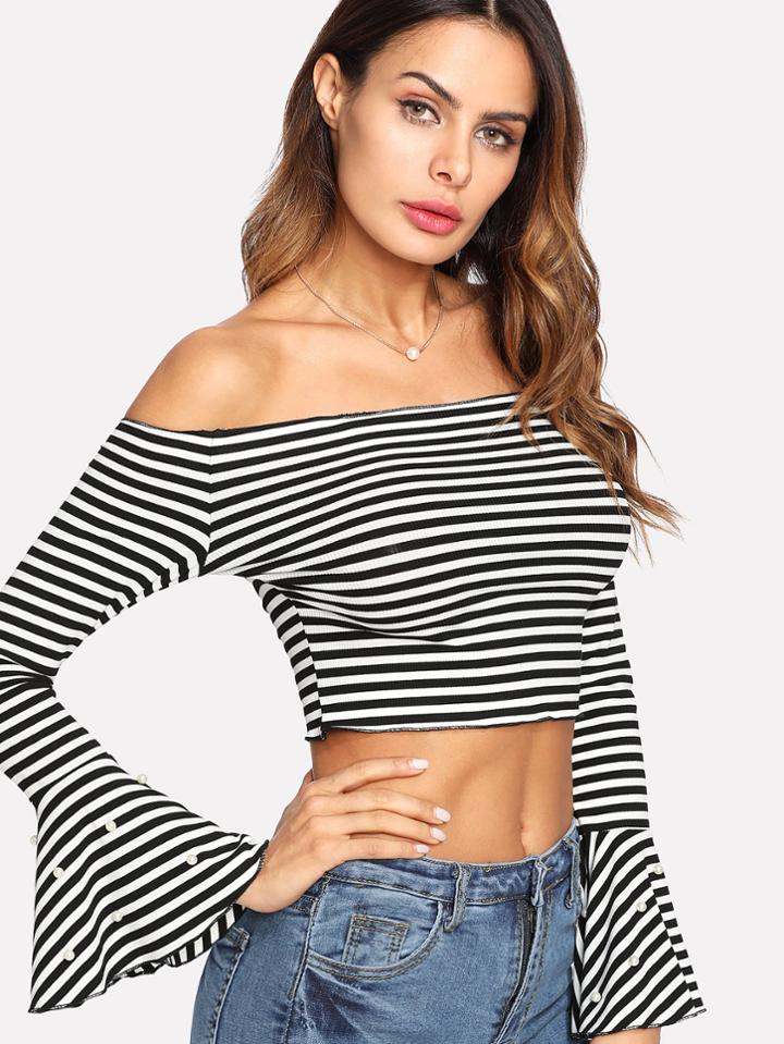 Shein Faux Pearl Detail Sleeve Stripe Tee