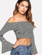 Shein Faux Pearl Detail Sleeve Stripe Tee
