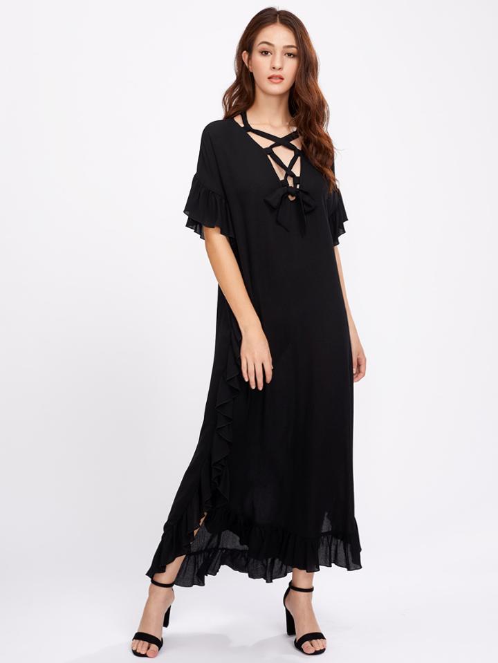 Shein Lace Up Plunge Neck Frill Dress