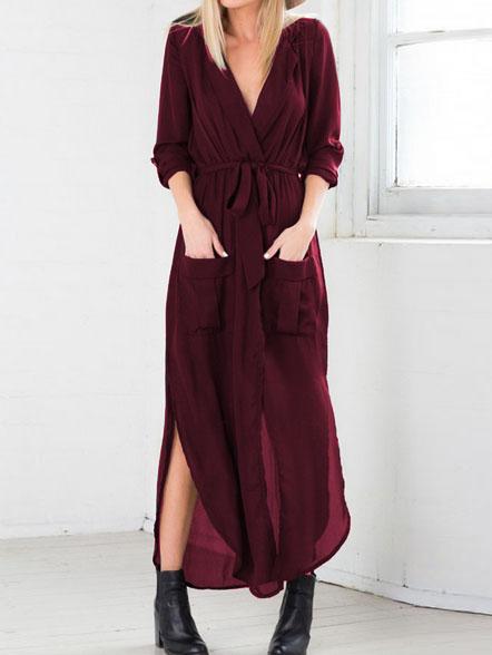 Shein Red Oxblood Surplice Deep V Neck Self-tie Elegantly Pockets Chiffon Dress