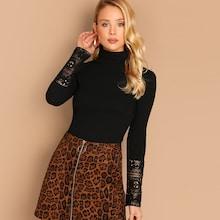 Shein High Neck Lace Cuff Ribbed Tee