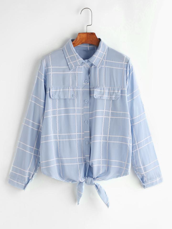 Shein Blue Plaid Knotted Hem Shirt