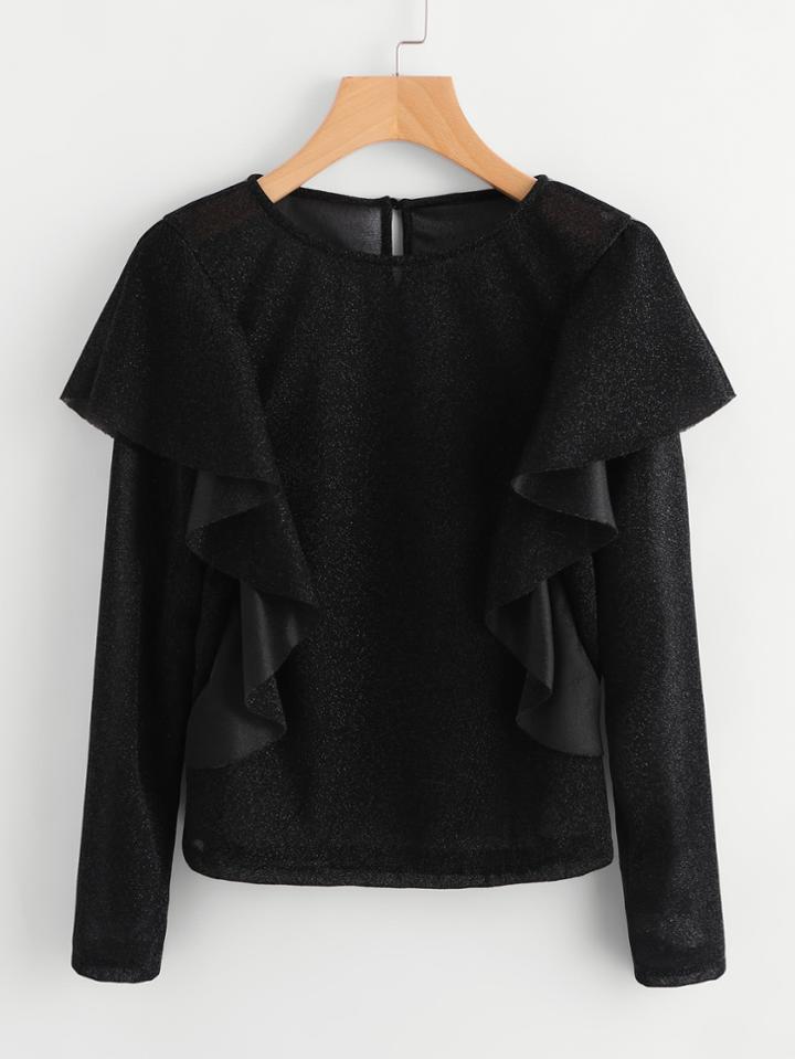 Shein Buttoned Keyhole Flounce Trim Sparkle Top
