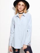 Shein Blue Pocket Front Button Up Blouse