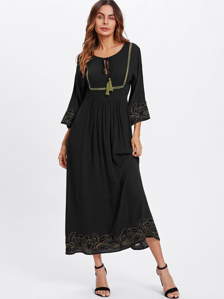 Shein Tassel Tie Lace Insert Cutout Embroidered Dress