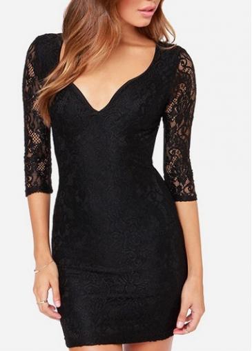 Rosewe Enchanting Long Sleeve V Neck Open Back Dress Black