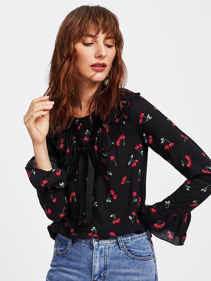 Shein Cherry Print Bell Cuff Frilled Top